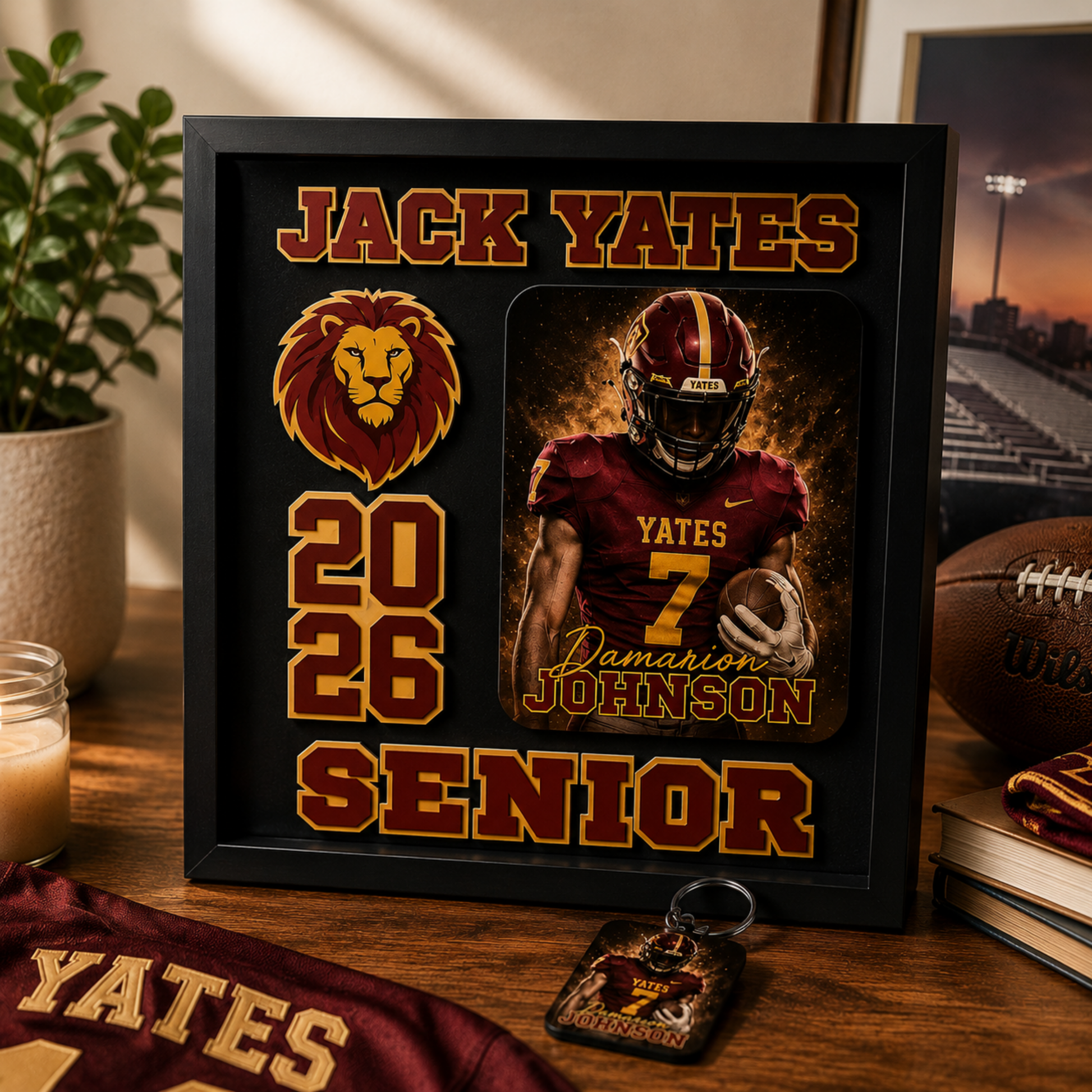 Framed sports memorabilia with a football player's photo and text on a wooden surface.