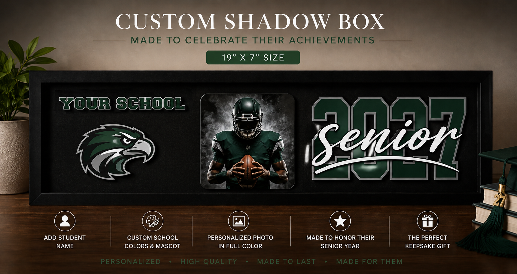 Custom shadow box for senior achievements with school logo, photo, and 'Senior' text.