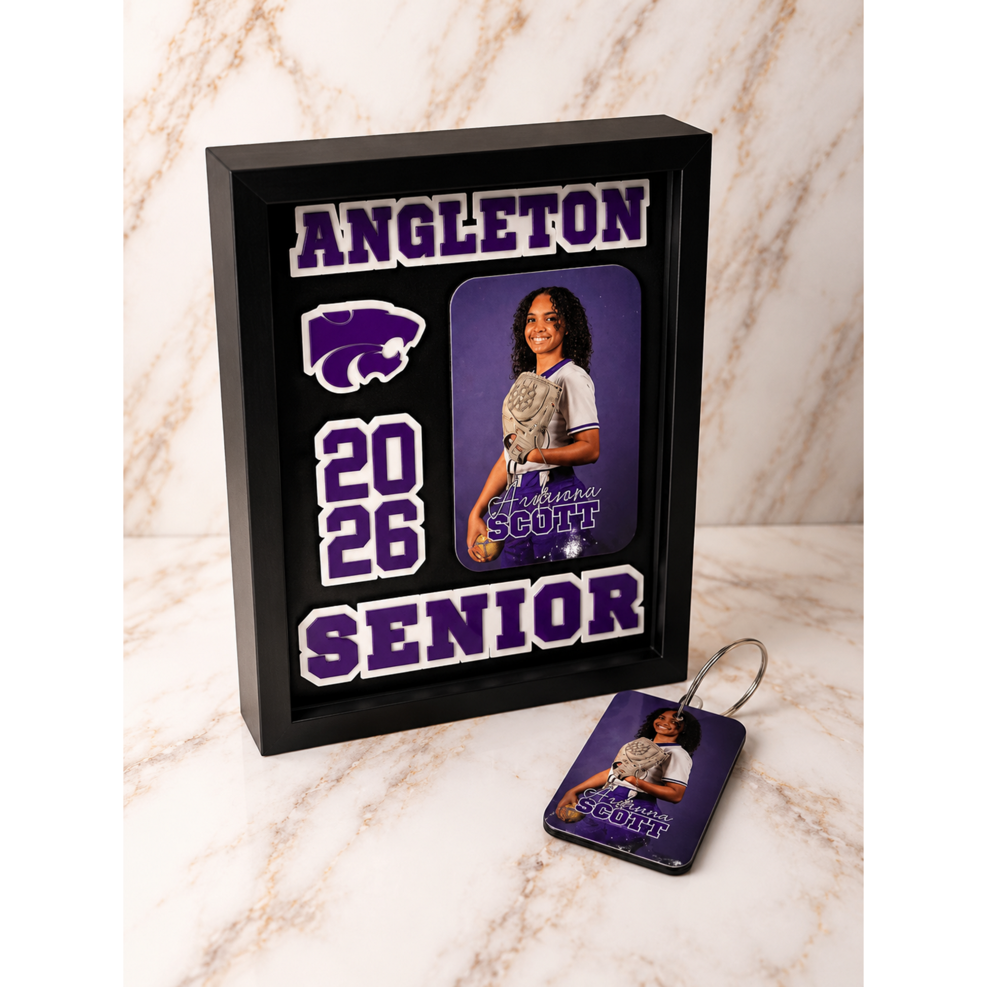 Shadow box with personalized design featuring a photo and add on bag tag