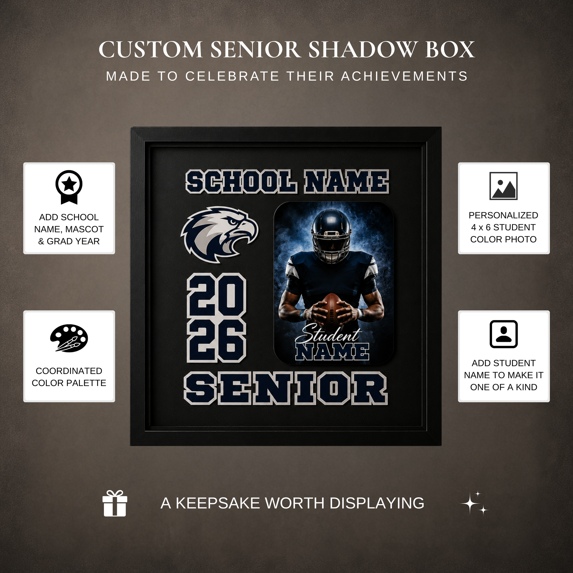 Custom senior shadow box with customizable elements on a dark background